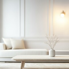Elegant Minimalist Living Room With Soft Colors and Simple Decor Featuring a Stylish Coffee Table and a Serene Vase Arrangement