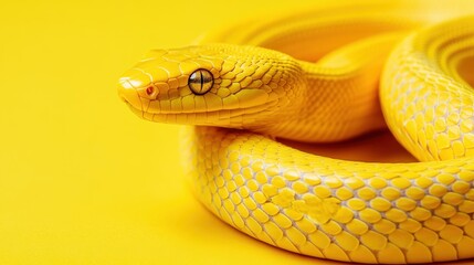 Obraz premium Vibrant Yellow Snake with Detailed Scales on Bright Yellow Background