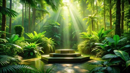 Obraz premium Sunlight beams through a lush jungle canopy illuminating a stone platform in the center of a green paradise.