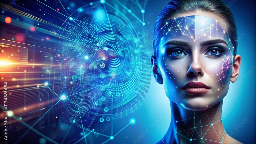 Poster digital face and lines representation: abstract composition with futuristic elements, perfect for te