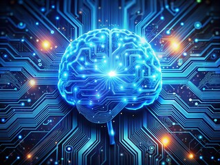 Fototapeta premium Digital Brain Logo with HUD Technology Circuit Board and AI Chatbot Concept in Motion Graphic Style, Featuring Data Transfer and Machine Learning on Abstract Background
