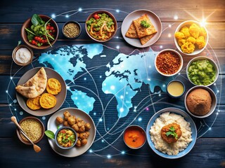 Digital Business Network in India Featuring Traditional Indian Cuisine and a Map Overlay Illustrating Connectivity and Economic Growth Through Food and Technology