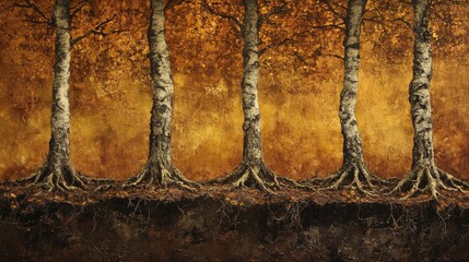 Naklejka premium Five majestic trees with intertwined roots set against a golden autumn forest backdrop showcasing vibrant fall foliage colors.