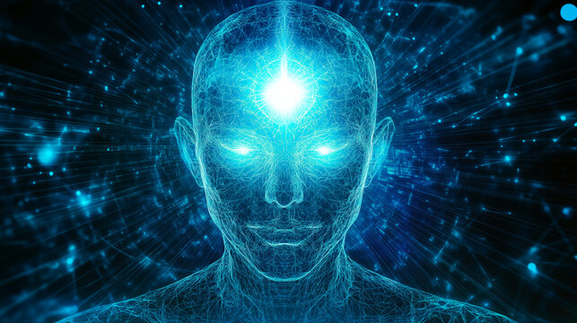 Enlightened digital being with radiant third eye glowing in blue energy amidst a network of interconnected light and cosmic patterns