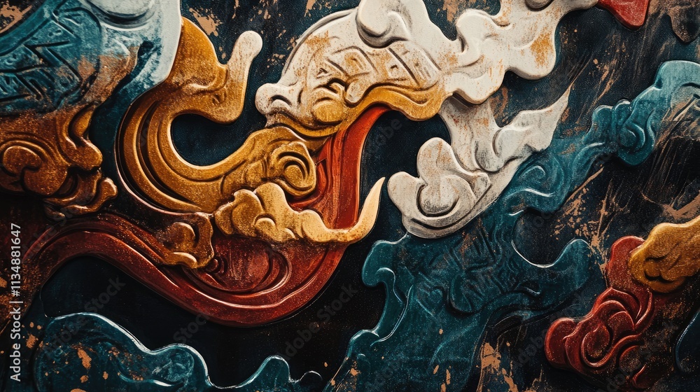 Poster detailed textured close up of intricate traditional design featuring colorful swirling patterns in e