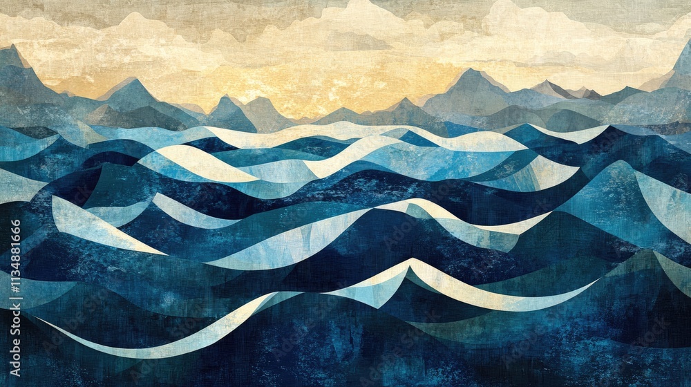 Poster abstract geometric sea waves background with triangles and layered water patterns in blue tones and 