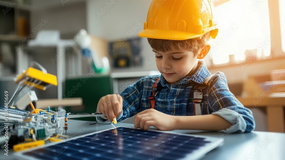 Poster child constructing solar powered model in classroom learning about renewable energy and innovation