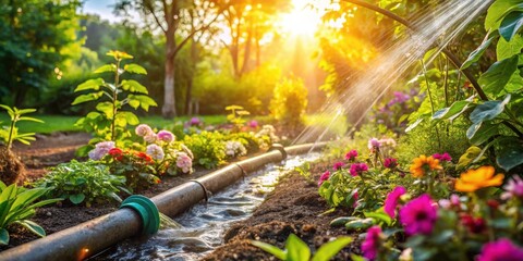 Naklejka premium A garden irrigation system with a hose spraying water on a row of blooming flowers in the sunlight