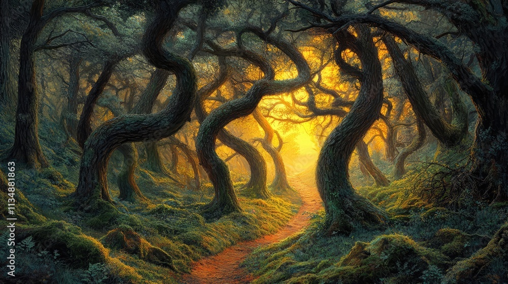 Poster twisted trees in enchanting forest at sunset with golden light casting shadows on mossy path and vib
