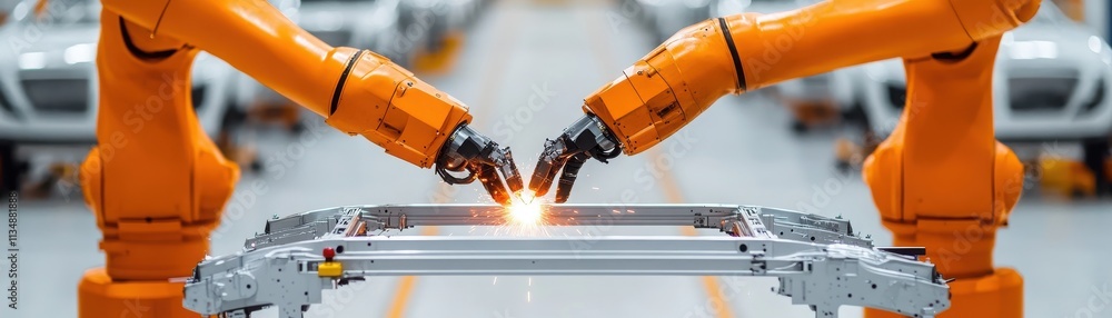 Poster two robotic arms collaborating on a manufacturing assembly line, demonstrating advanced automation a