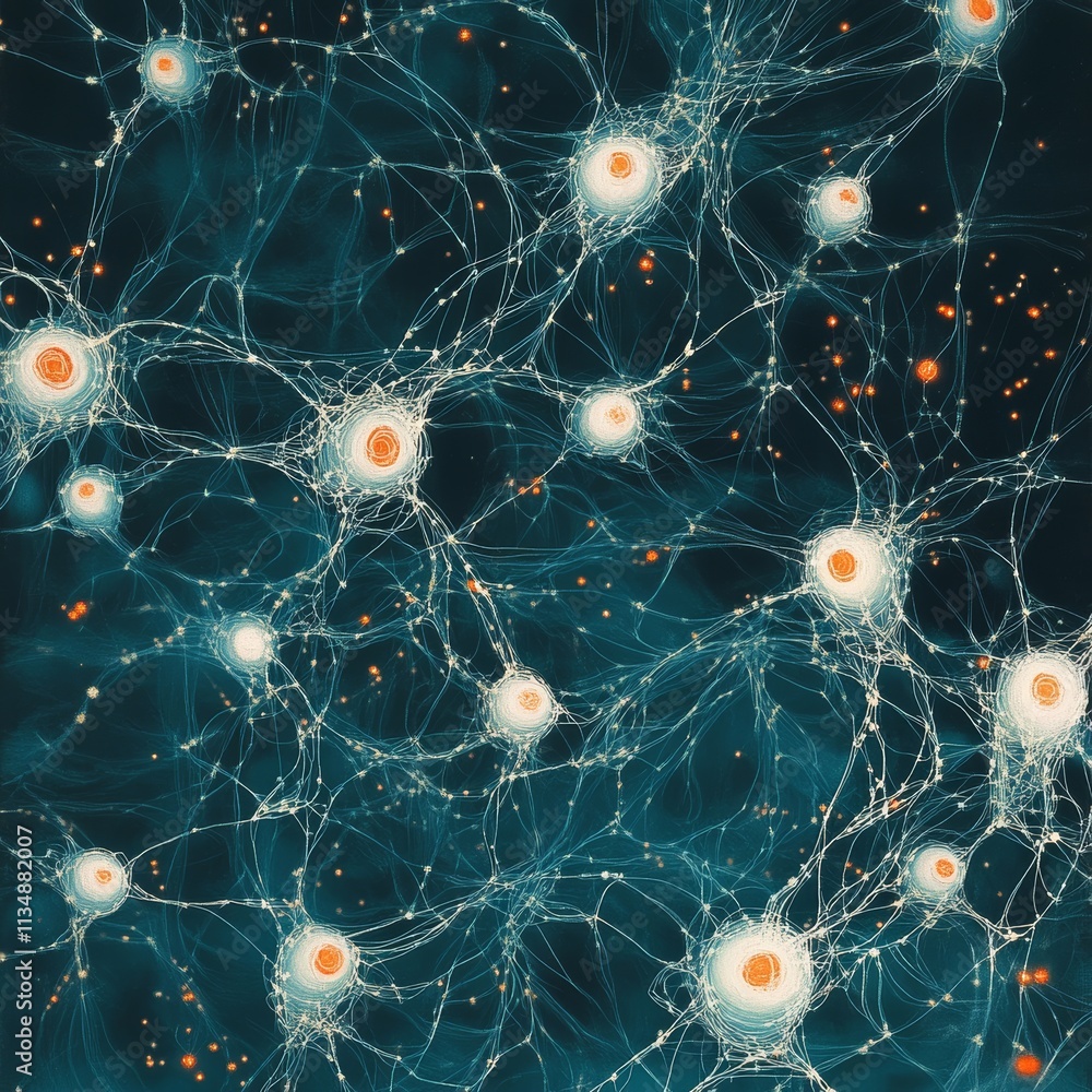 Poster exploring the intricate network of neurons illuminated against a dark backdrop, revealing the comple