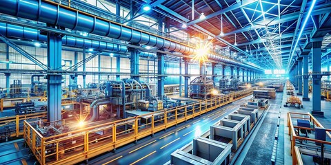 Obraz premium Digital Twin Concept in a Smart Factory: A Panoramic Illustration of Automated Production and Modern Technologies in Industry 4.0 for Enhanced Manufacturing Efficiency