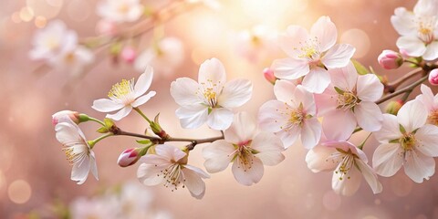 Obraz premium Delicate pink blossoms on a branch, bathed in soft sunlight, creating a romantic and dreamy ambiance