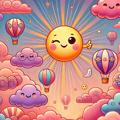 A whimsical cartoon-style sky filled with vibrant, fluffy clouds in shades of pink, orange, and purple. The sun is illustrated as a smiling character with sunglasses, radiating warm beams of light.