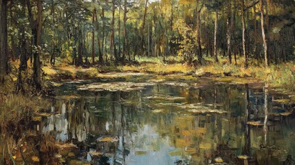 Serene forest pond reflecting vibrant greenery and dappled sunlight on calm water in a tranquil natural setting