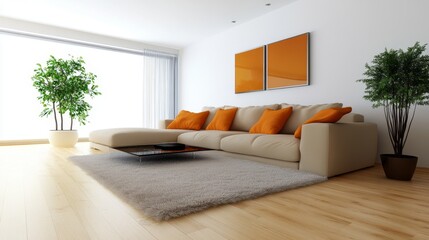 Modern Living Room Interior Design - Beige sectional sofa, orange pillows, large windows, light wood floors, modern art. Symbolizes comfort, style, serenity, openness, and modern living.