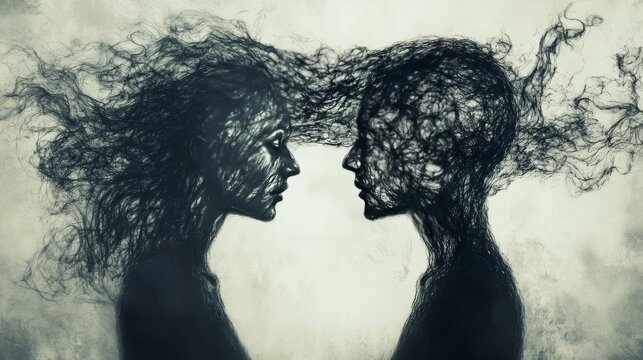 Two abstract faces are connected by swirling neural-like branches, symbolizing shared thoughts and deep connection. The image blends surrealism and creativity to evoke themes of mental communication