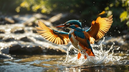 Obraz premium A kingfisher emerges from water.