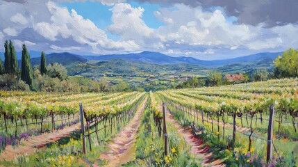 Obraz premium Vibrant vineyard landscape in spring showcasing lush green rows under a blue sky with clouds and distant mountains.