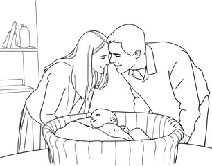 Continuous One Line Art Illustration Drawing Of A Parents With Newborn Baby Doodles Outline Style
