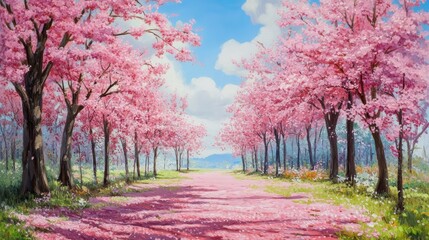 Fototapeta premium Blossoming cherry trees in vibrant spring landscape with pink petals carpeting the pathway under a clear blue sky.