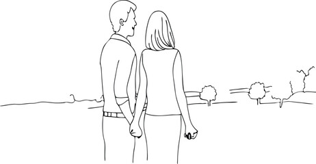A Couple Walking In The Park Holding Hands Continuous Sketch Style One Line Art Drawing Illustration