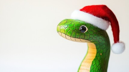 Fototapeta premium Green Wooden Snake Wearing Santa Hat for Holiday Decoration