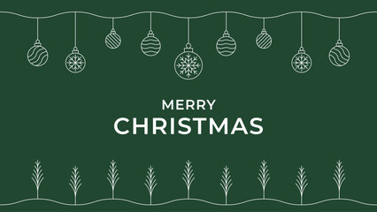 Merry Christmas Wallpaper Background Poster Graphic Vector. Christmas Pine Tree,  Tree, Snowflake, Snow, Hanging Bauble, Christmas Ball. Editable Line Art Stroke