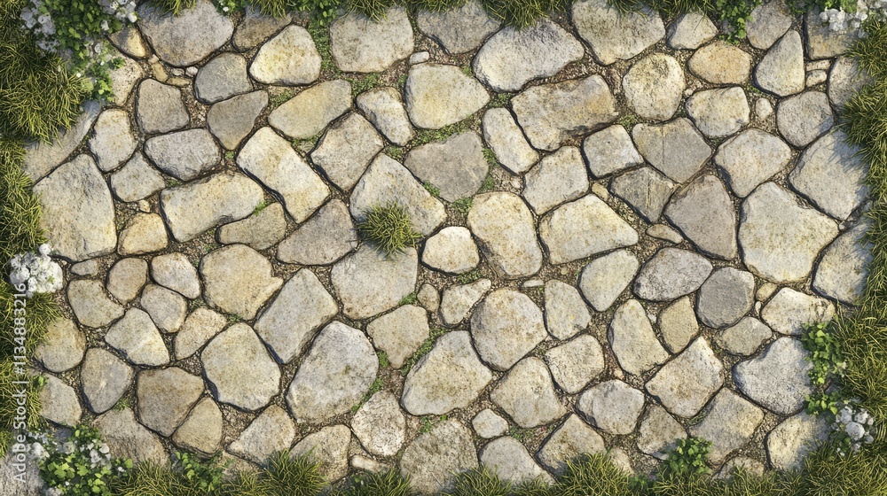 Poster textured stone pavement with grass growing between cobblestones top view creating an abstract natura