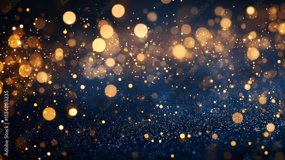 Poster shimmering golden bokeh lights dancing against a deep blue background, creating a mesmerizing atmosp