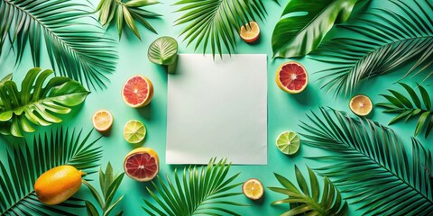 A Vibrant Tropical Display with Citrus Fruit Slices and Lush Green Foliage, Featuring a Blank Paper Card for a Summery Message