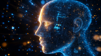 Futuristic glowing digital human head made of blue and orange data points with neural network patterns and radiant energy bursts