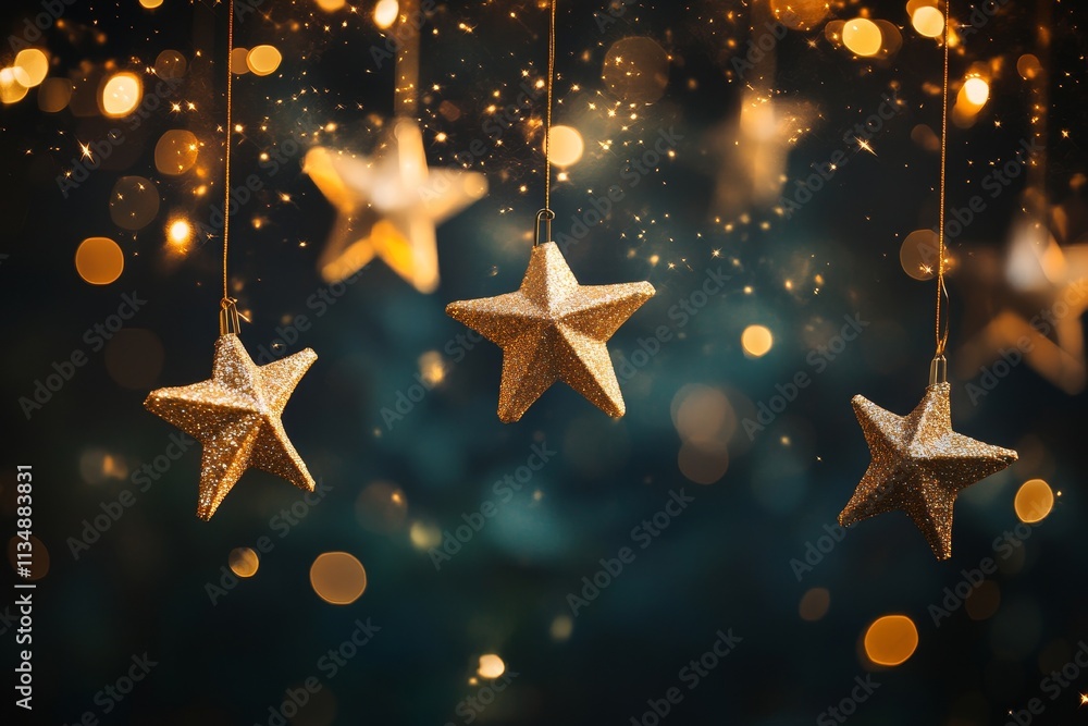 Aufkleber sparkling golden stars dangle elegantly against a backdrop of shimmering lights, creating a magical 