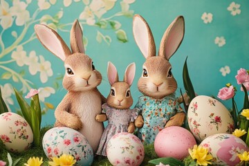 Obraz premium A whimsical Easter Bunny family posing together with oversized eggs