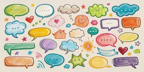 Doodle Minimalist Style Speech Bubbles and Text Comments in Hand-Drawn Cloud Textbox Collection for Creative Communication and Design Use