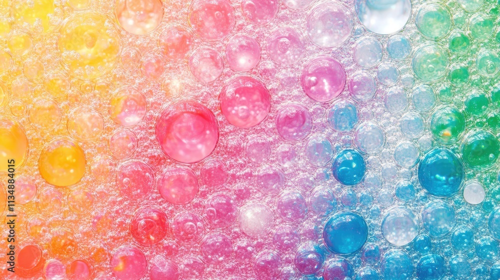 Poster vibrant macro shot of colorful bubbles in water creating an abstract rainbow backdrop with sparkling