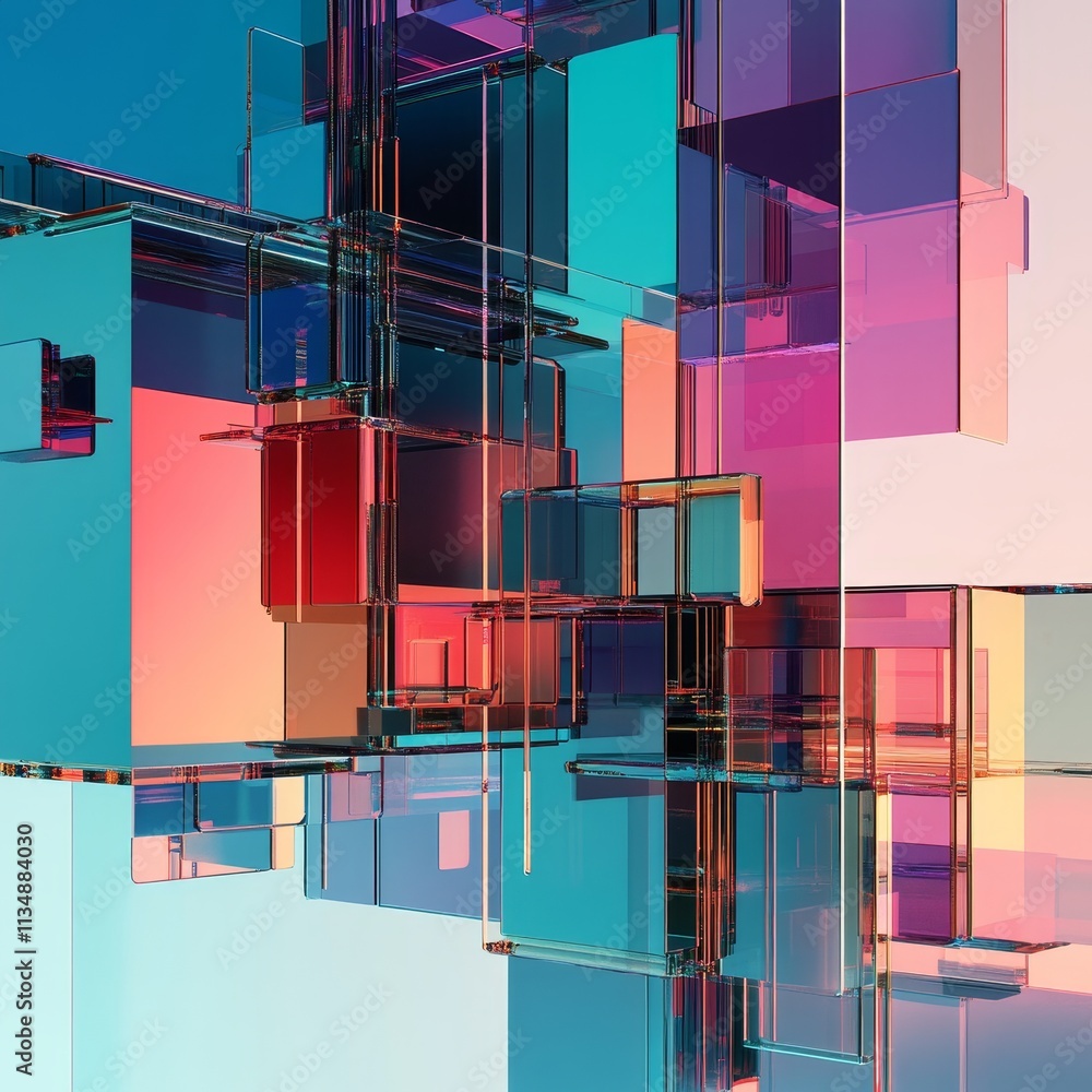 Poster vibrant geometric abstraction exploring color and form in a captivating interplay of transparent ele