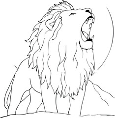 One Black Line Art Drawing Illustration Of A Lion Roaring With It's mane Flowing