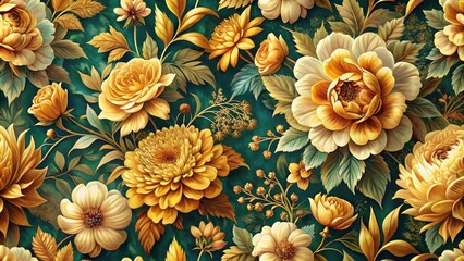 A lush floral pattern showcasing vibrant yellow and white blossoms against a rich emerald green background.