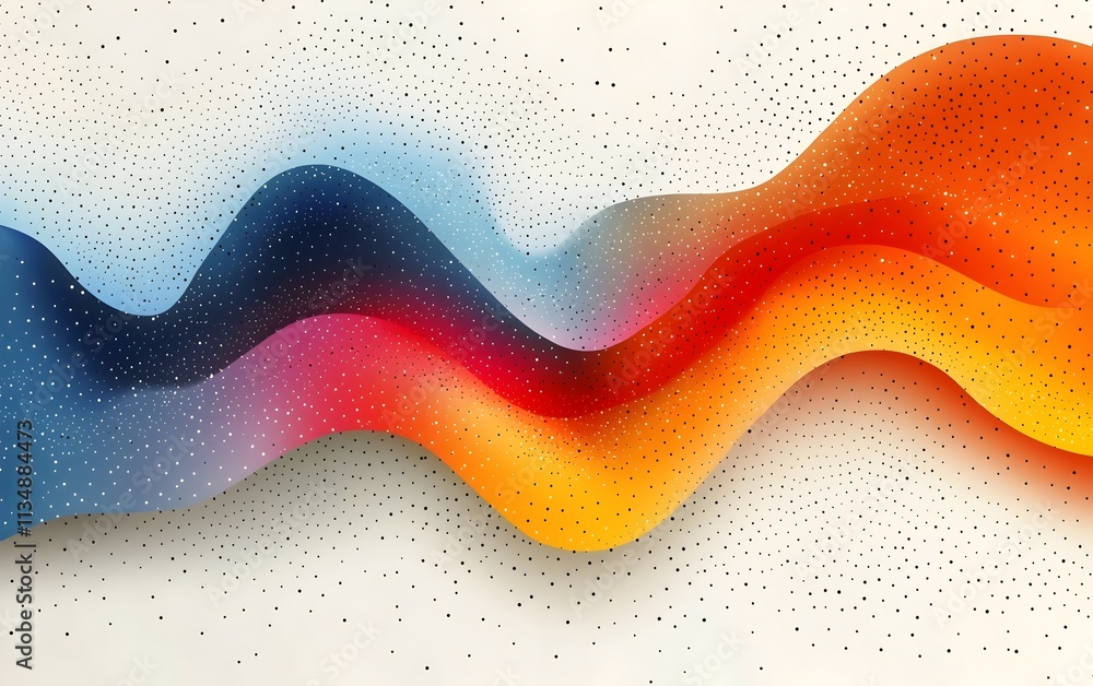 Poster an abstract wave design featuring a gradient of blue, orange, and red colors with a dotted pattern. 