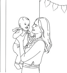 Mom Holds Her Baby With Love Hand Drawn One Line Art Illustration