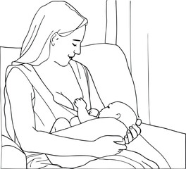 Mom Breastfeeds Her Newborn Baby With Love Motherhood Concept One Line Art Illustration