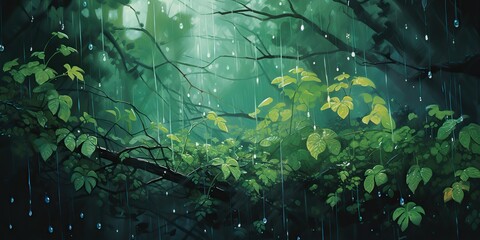 Fototapeta premium Paint draw rain in the forest. Adventure explore nature outdoor background scene