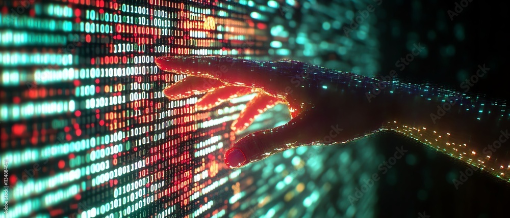 Poster human hand interacting with a wall of binary code