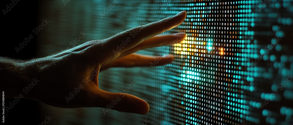 Poster human hand interacting with a wall of binary code