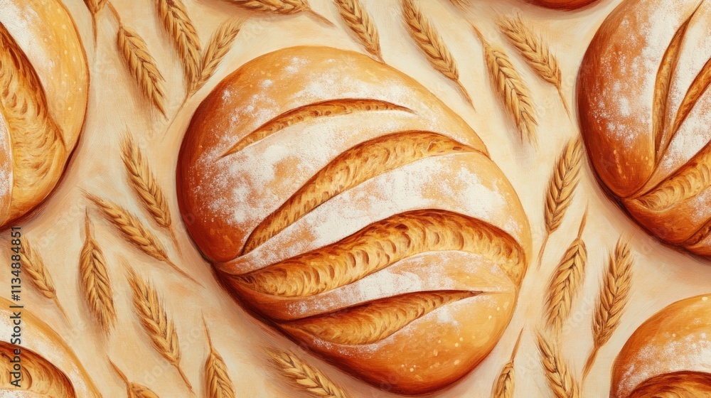 Poster artistic bread pattern background featuring loaves and wheat elements in a warm, inviting design for