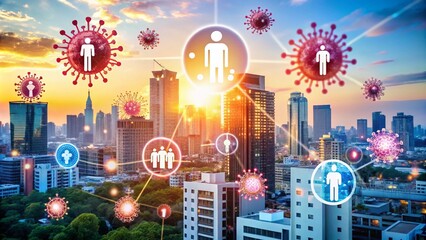 Obraz premium Double Exposure of Covid-19 Prevention Icons with Protective Measures, Social Distancing, Quarantine, and Stay at Home Concepts for Health Awareness and Safety Campaigns