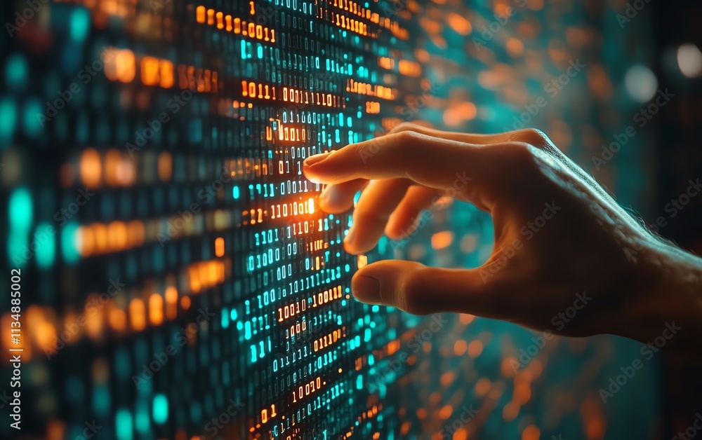 Poster human hand pressing against a wall of binary code
