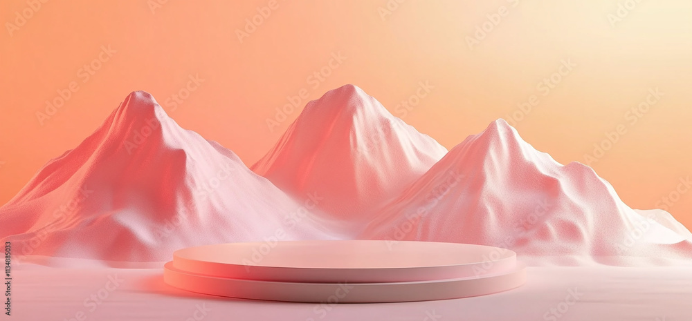Poster minimal abstract background for product presentation, a round podium with pink mountains in the back
