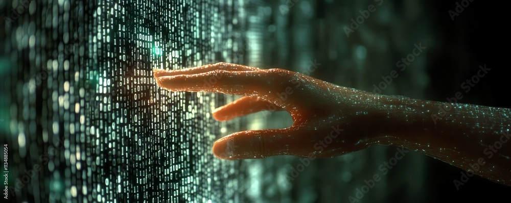 Poster human hand reaching into a binary code wall
